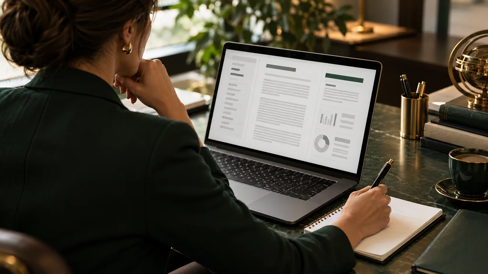 Profissional examinando relatório digital e anotando pontos para conferência de registros processuais